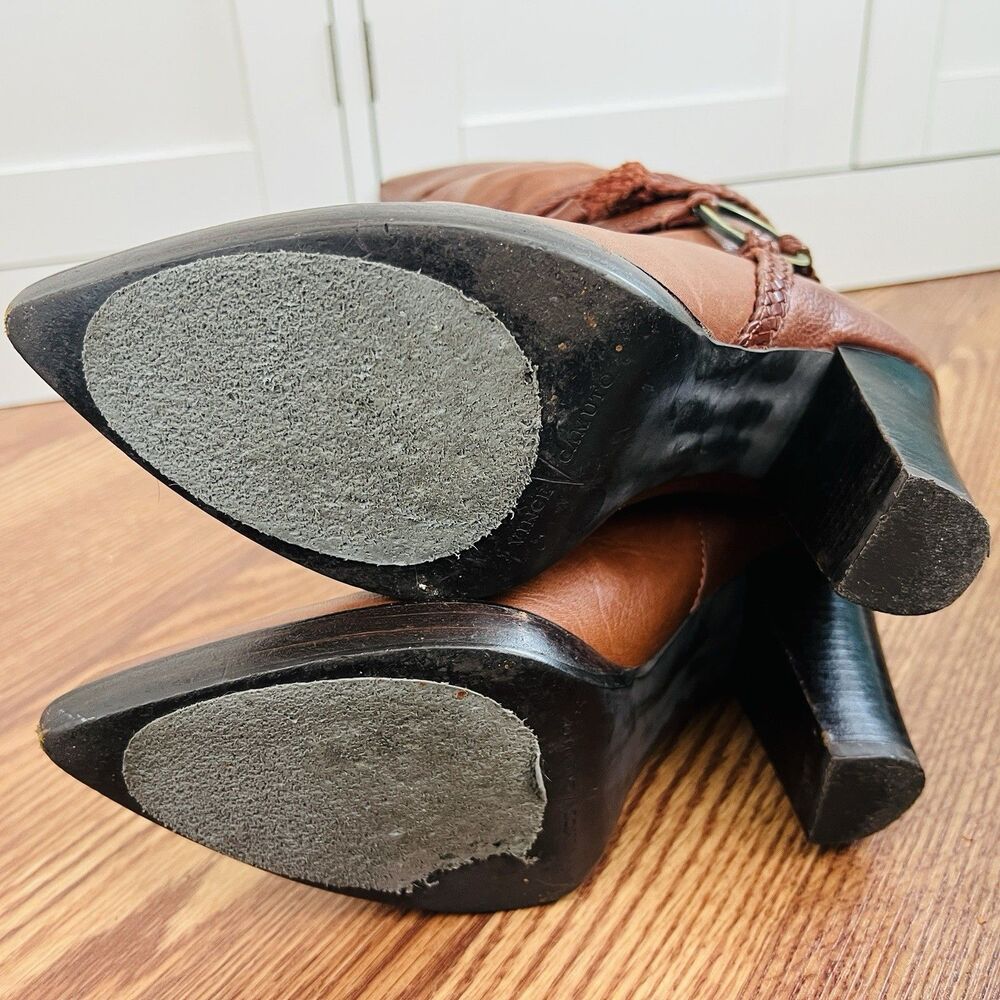Gorgeous Vince Camuto Brown Leather Buckled Braided Knee High Riding Boots Sz 8B - Picture 8 of 11
